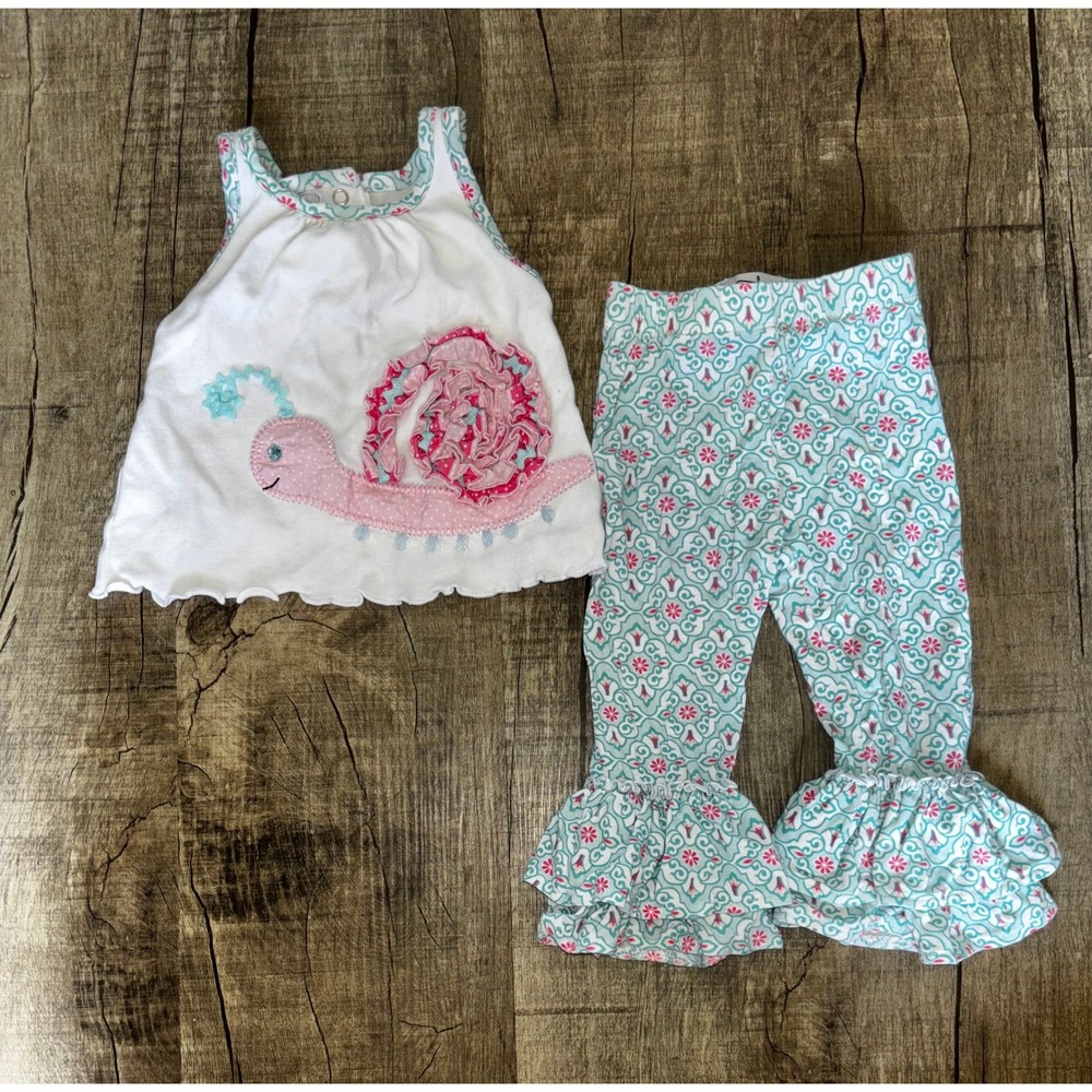 Mud Pie Baby Girls Snail Ruffle Top and Floral Bell Bottom Leggings Set 6-9M